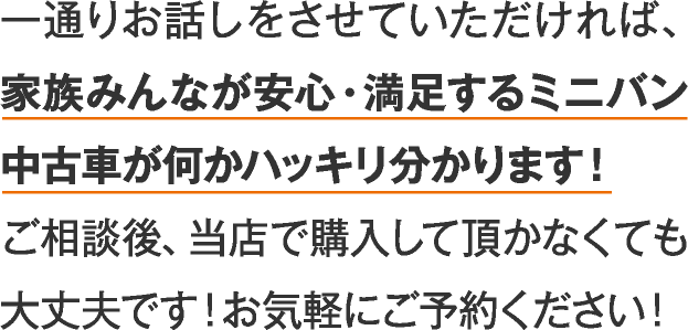 一通りお話しをさせていただければ、家族みんなが安心・满足するミニバン中古車が何かハッキリ分かります！こ相談後、当店で購入して頂かなくても大文夫です！お気軽にこ予約ください！